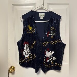 Quacker Factory Navy chicken and rooster Vest with Sequin Accents
